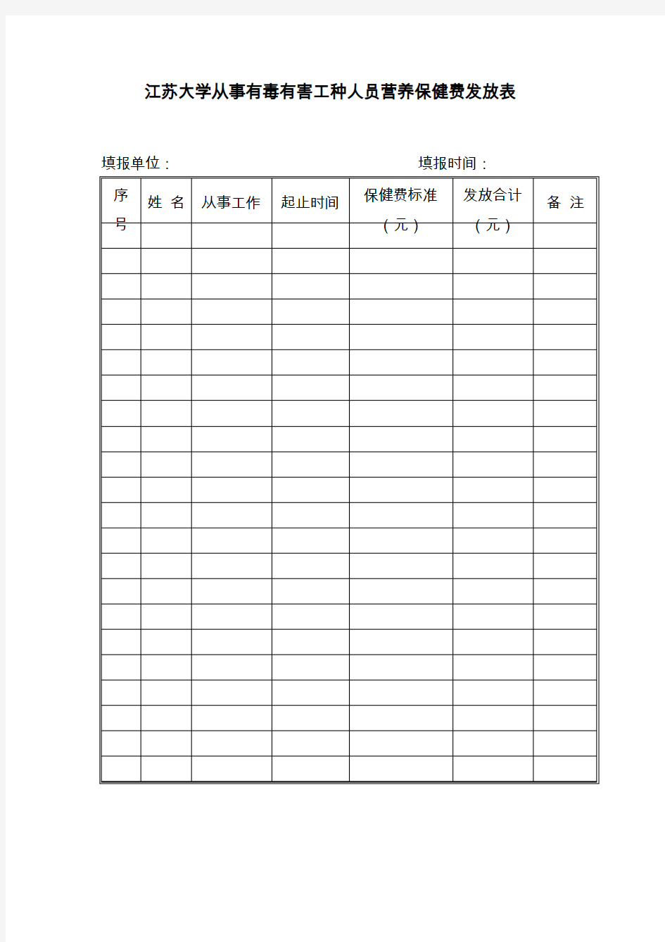 江苏大学从事有毒有害工种人员营养保健费发放表.