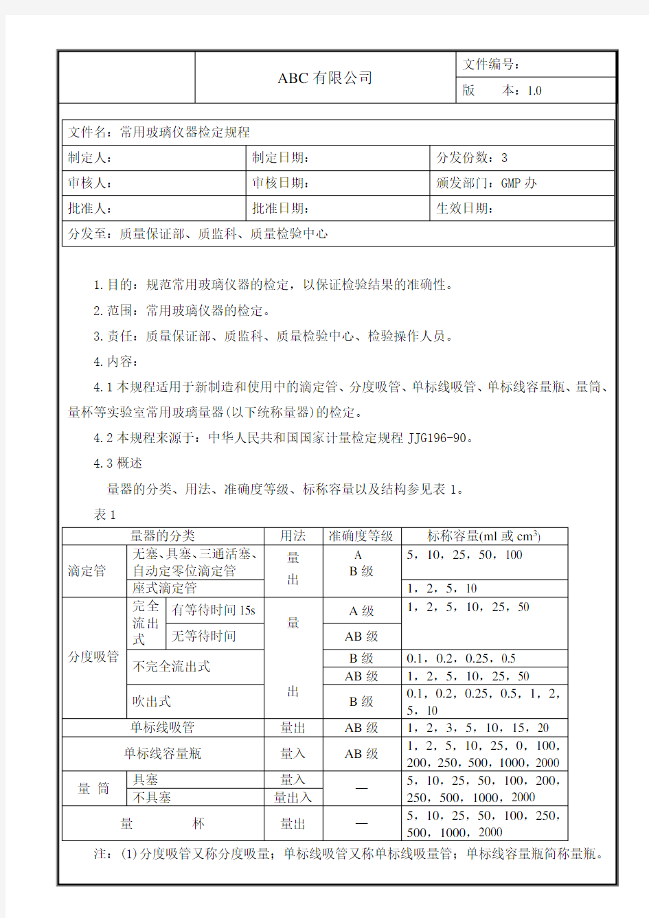 常用玻璃仪器检定规程