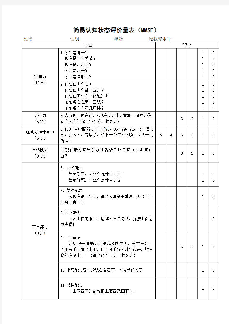 认知状态评价量表(MMSE量表)