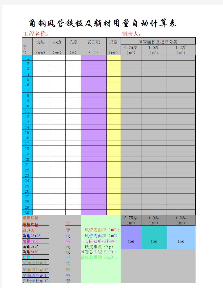 角钢风管量自动计算表6.0