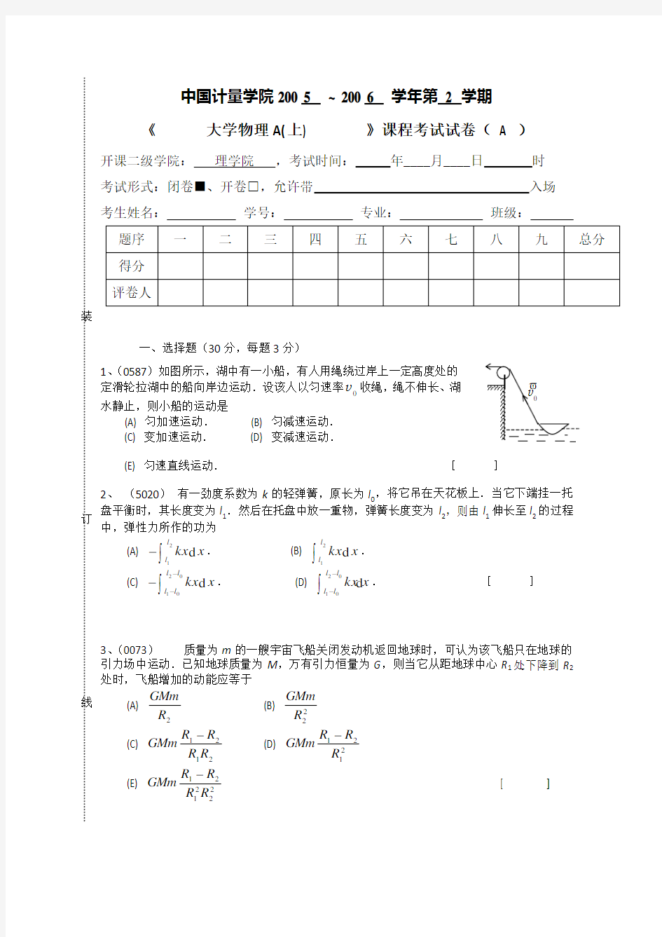 大学物理_物理学_上册_期末考试复习试卷A