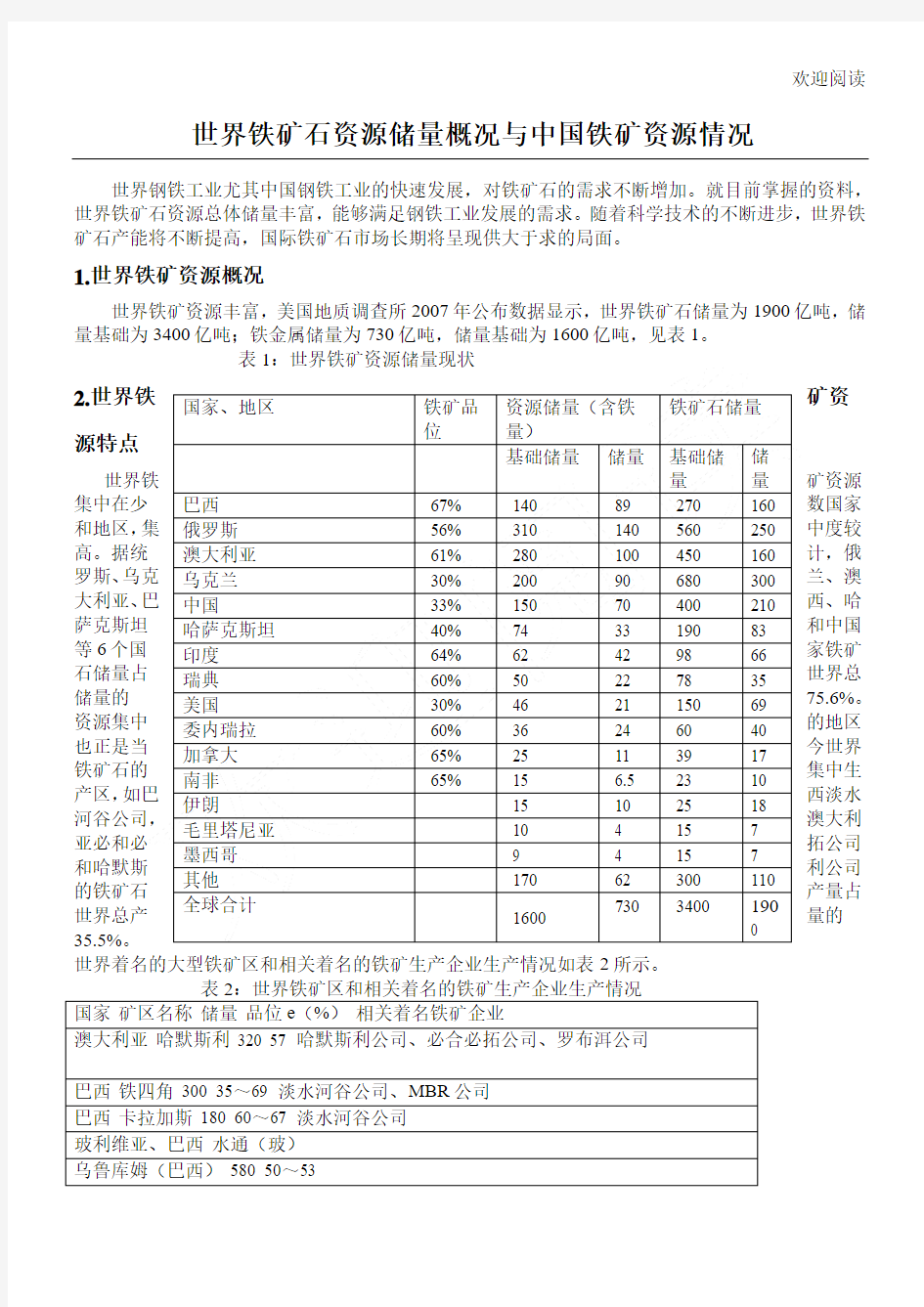 世界铁矿石资源储量概况与中国铁矿资源情况