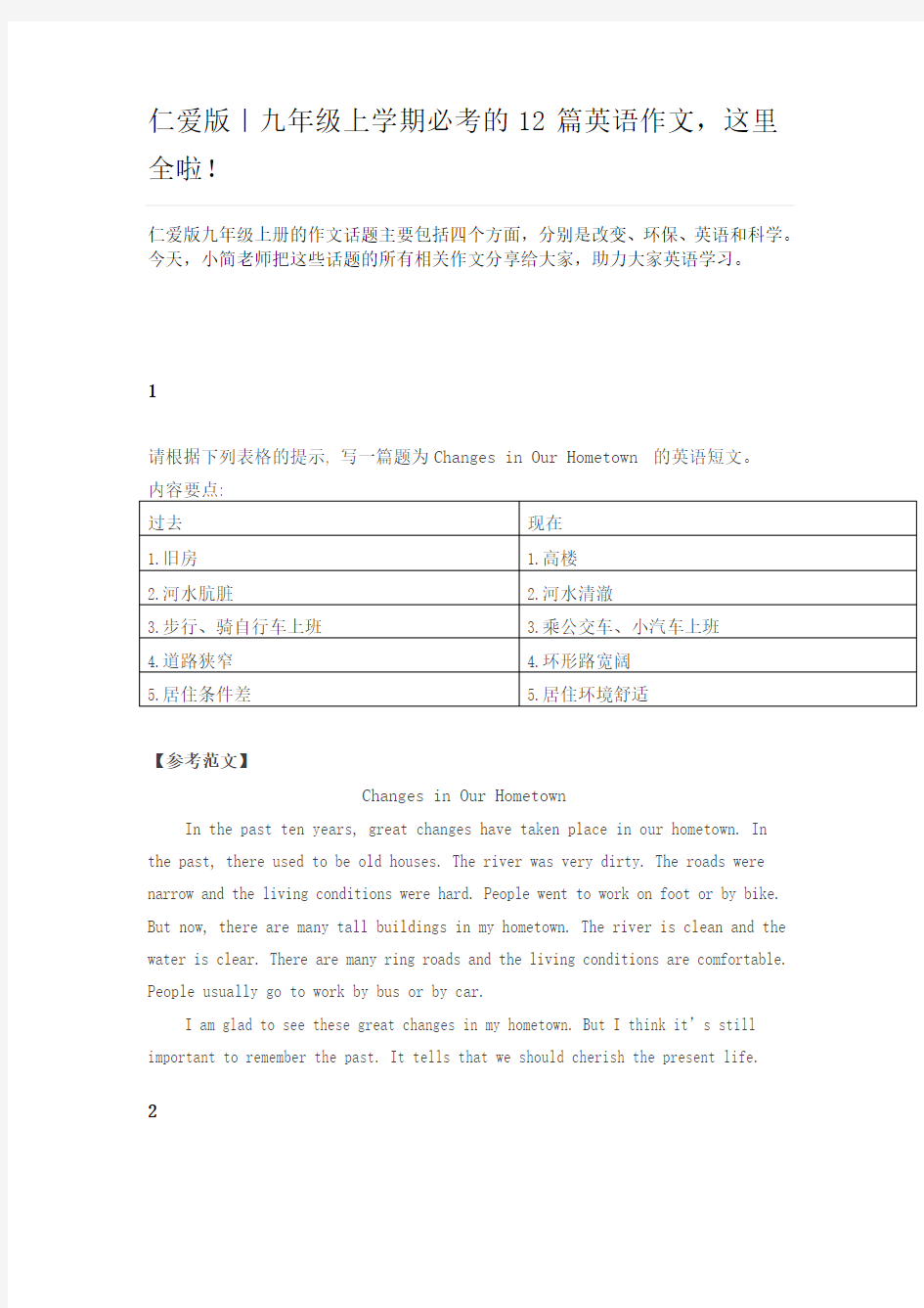 (完整)仁爱版九年级上学期必考的12篇英语作文