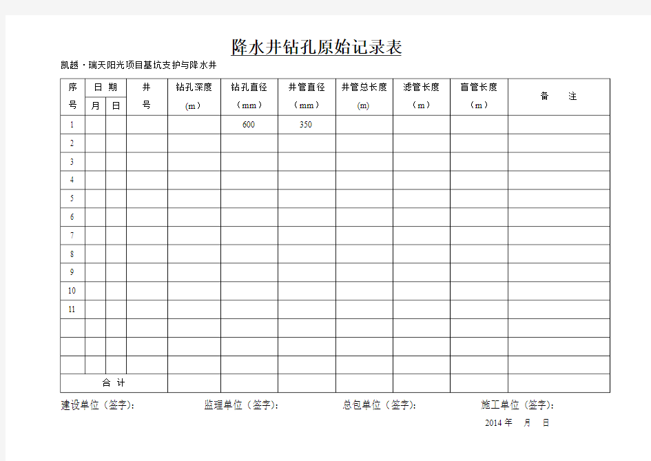 降水井原始记录表