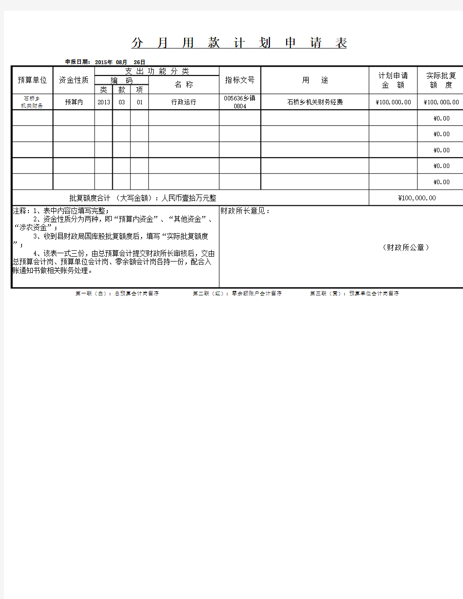 分月用款计划申请书