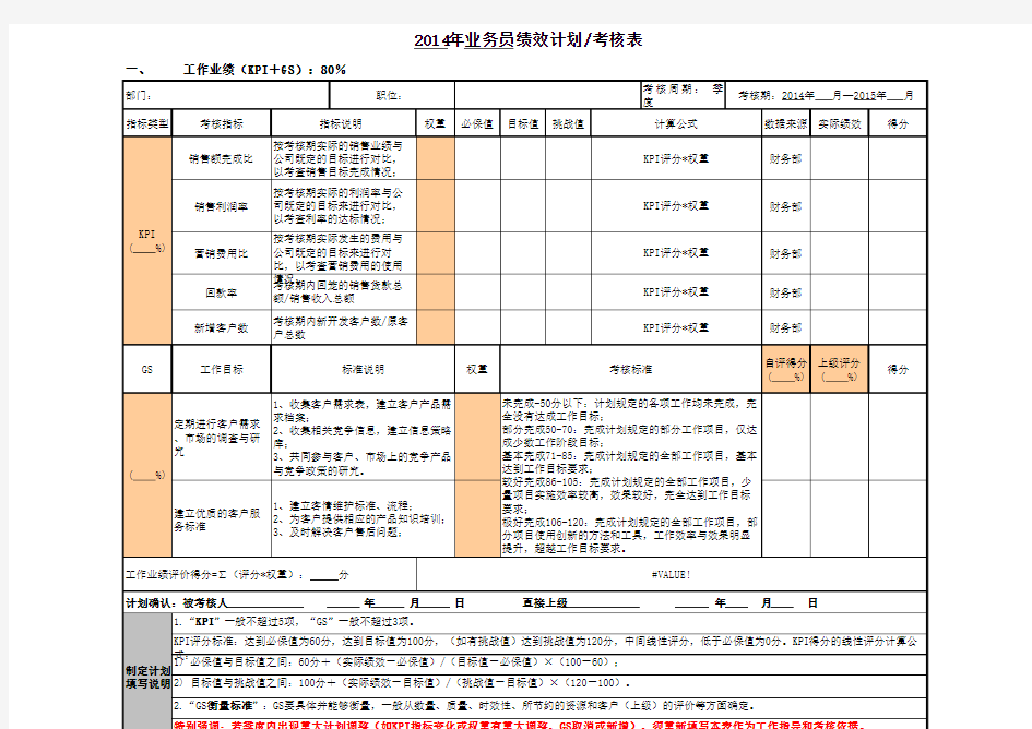 2014年业务员绩效计划考核表