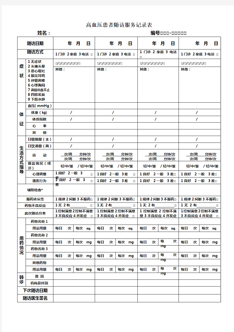 高血压患者随访服务记录表(带中医)