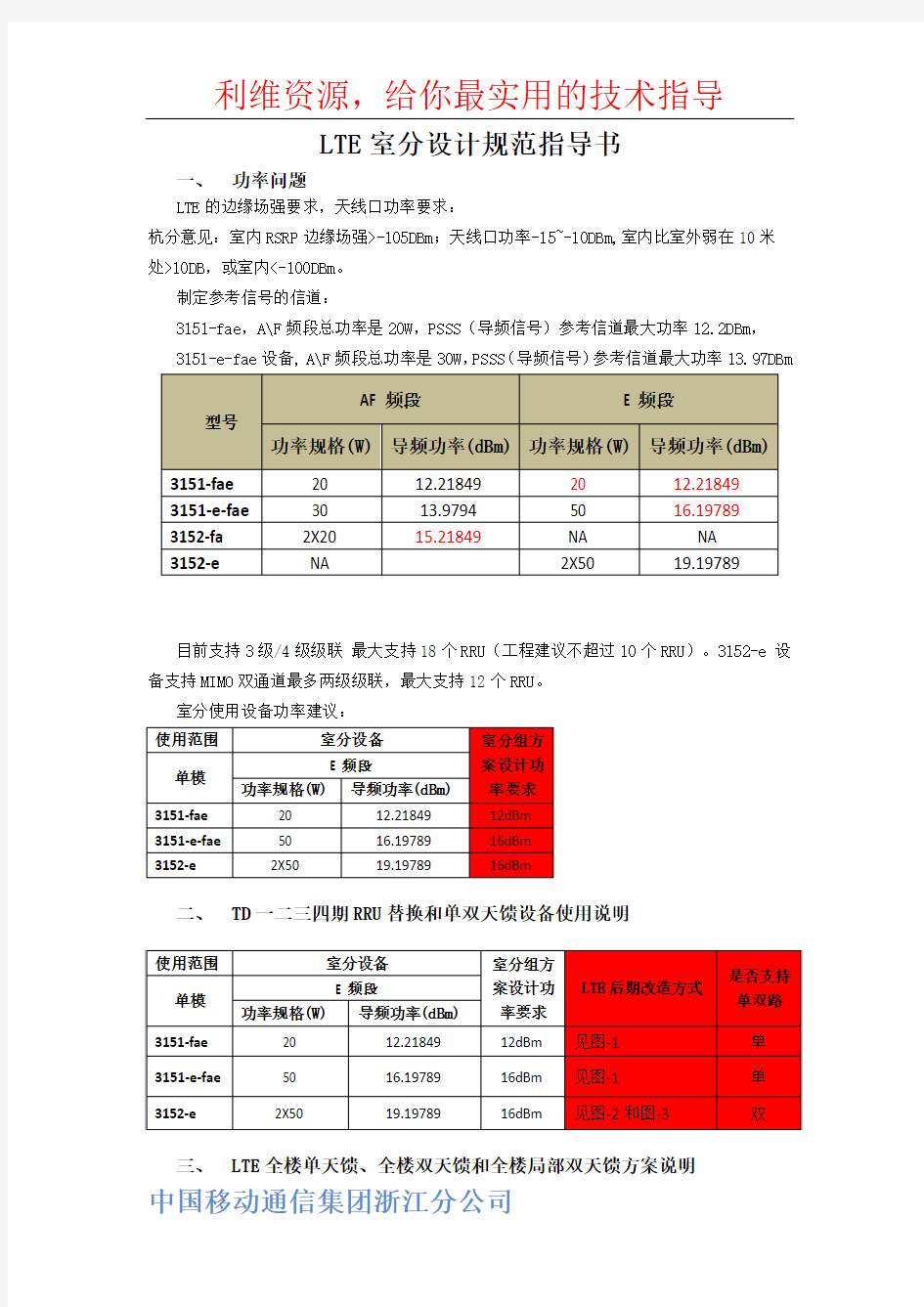 中国移动通信集团浙江分公司LTE室分设计规范