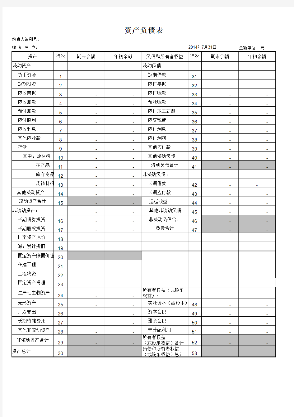 2014资产负债表带公式模版