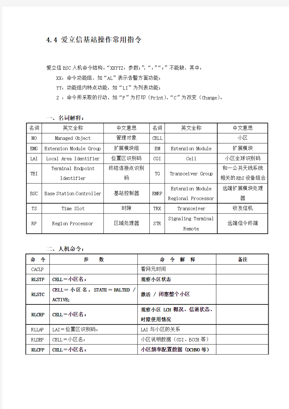 爱立信基站操作常用指令