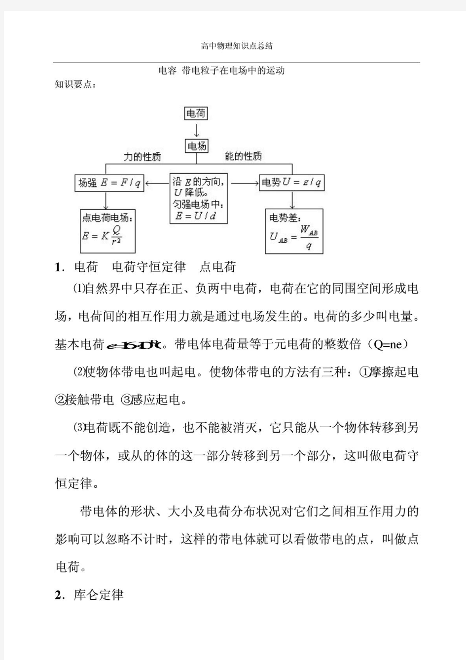 高二物理选修3-1知识点总结