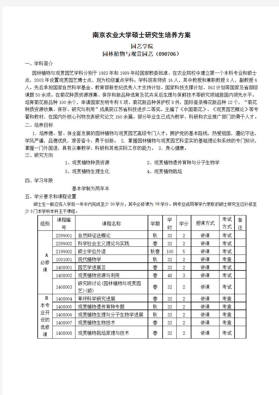 南京农业大学研究生培养方案-观赏园艺