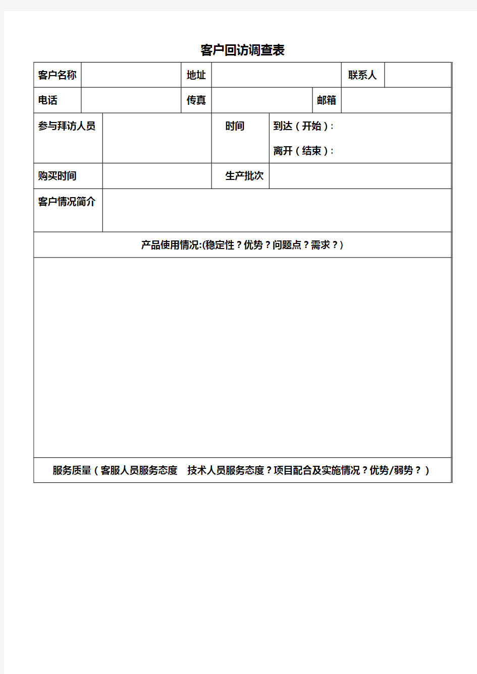 客户回访调查表