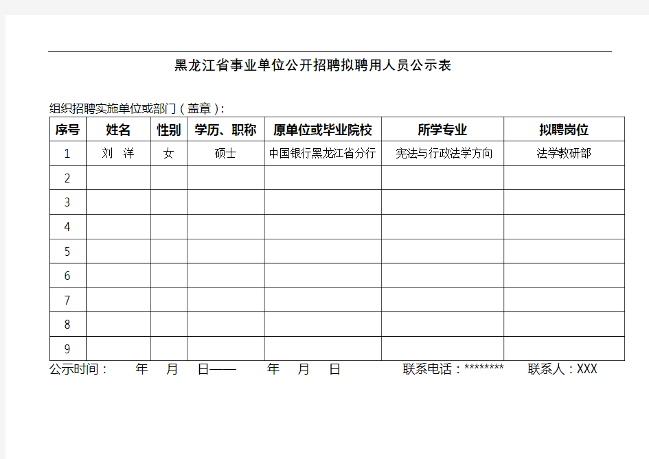 黑龙江省事业单位公开招聘拟聘用人员公示表【模板】