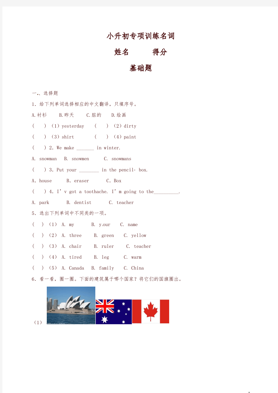 【精品】小升初英语名词知识专项训练试卷(有答案)