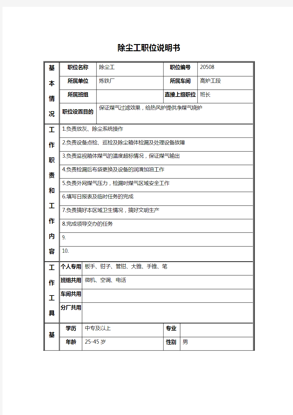 炼铁厂除尘工岗位职责