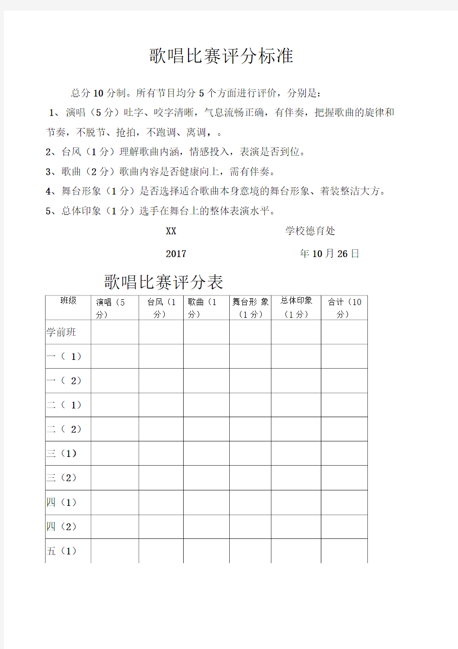 歌唱比赛评分标准和评分表