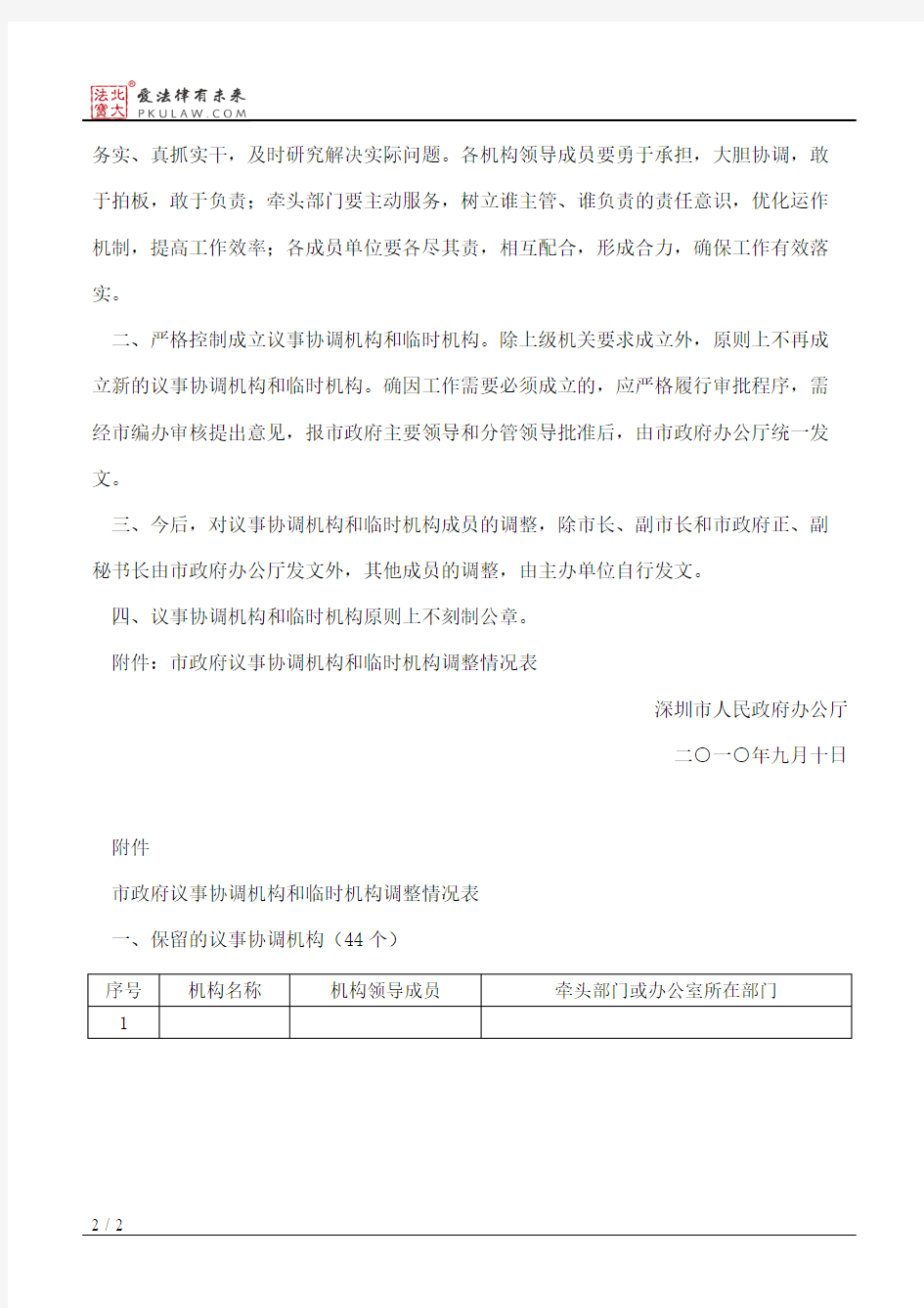 深圳市人民政府办公厅关于调整市政府议事协调机构和临时机构及领