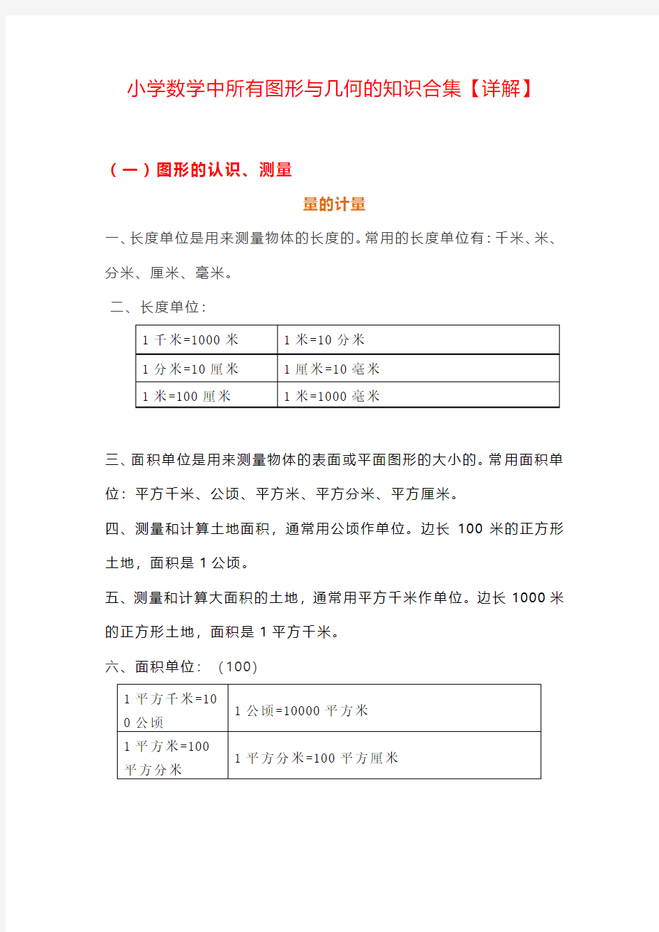 小学数学中所有图形与几何的知识合集【详解】