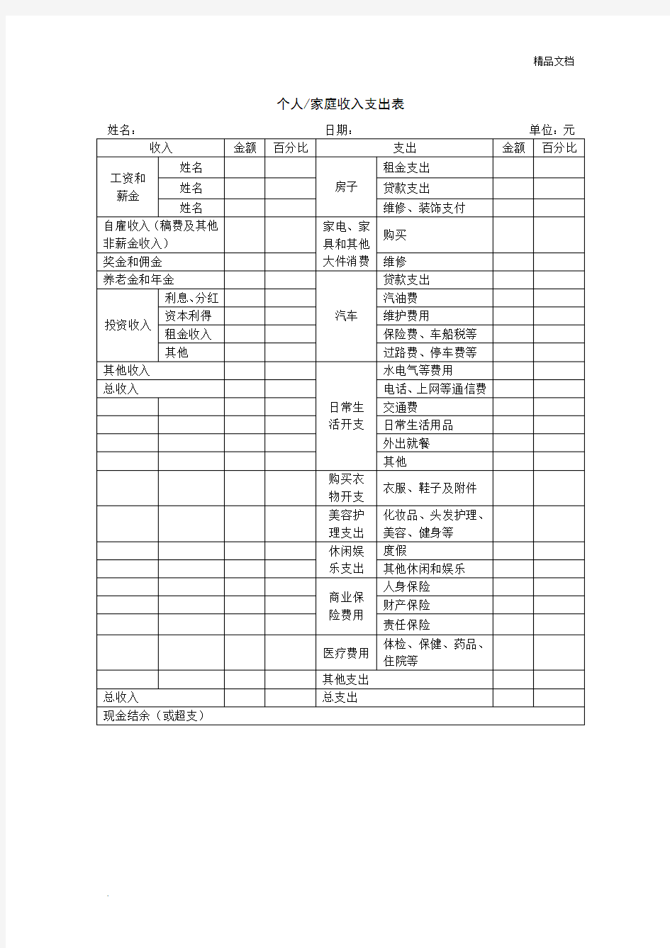 个人(家庭)收入支出表