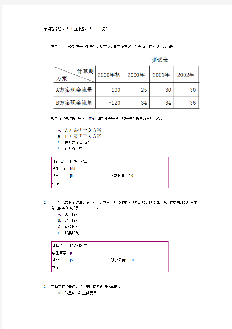 2017北邮财务管理阶段作业二