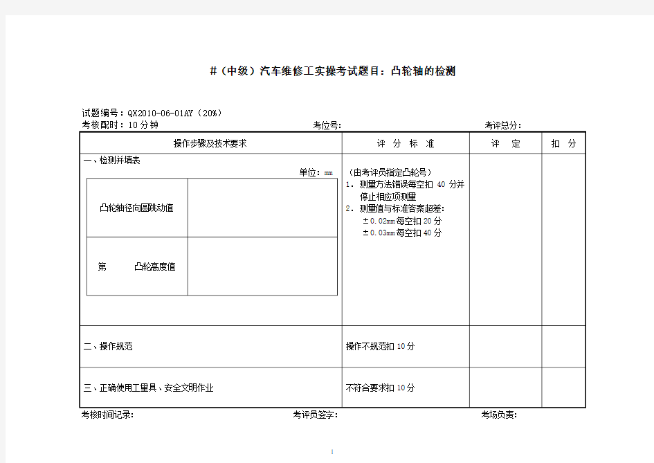 【汽车行业】汽车中级工实操考试项目及评分