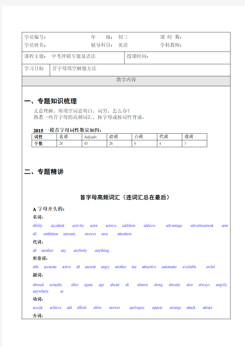 上海初三中考英语首字母填空解题方法高频词整理(含练习及答案)