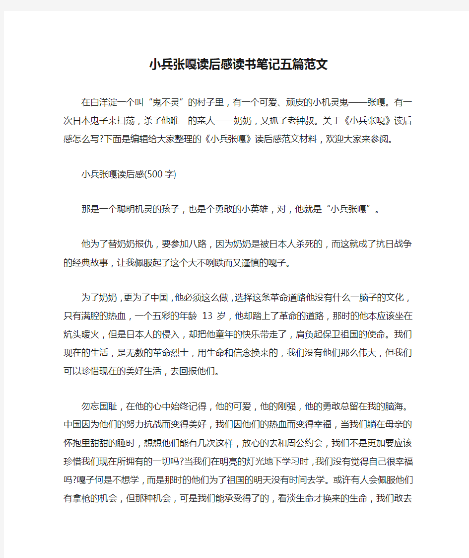 小兵张嘎读后感读书笔记五篇范文