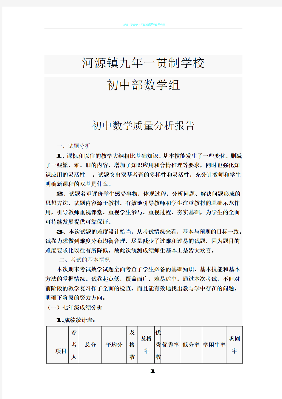 初中数学质量分析报告