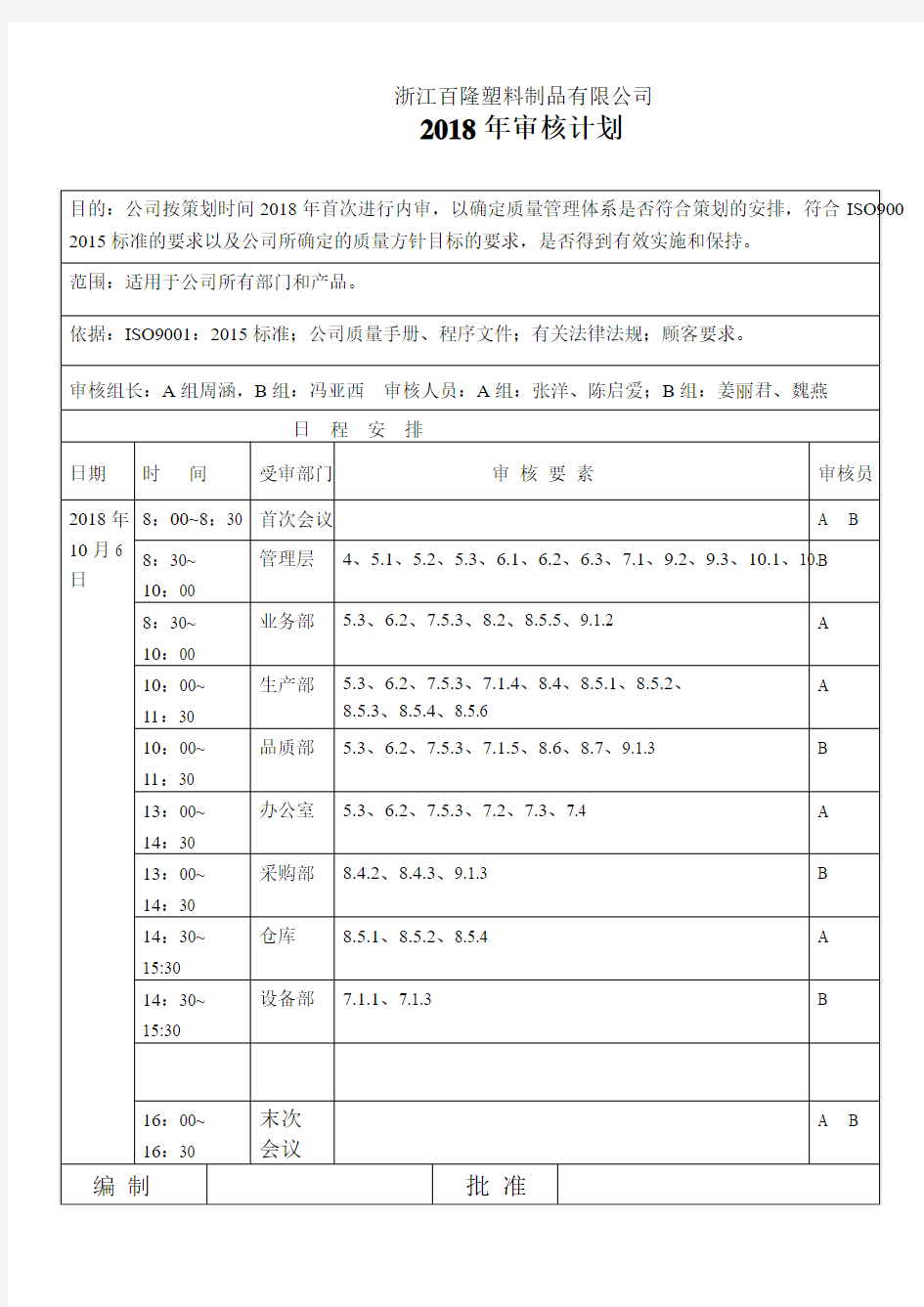 ISO9001：2015版--内部审核计划