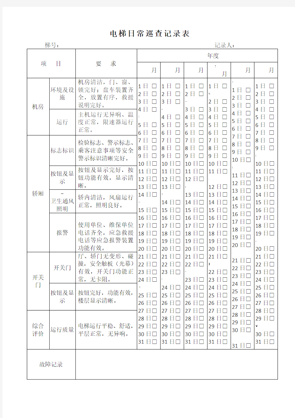 电梯日常巡查记录表71925