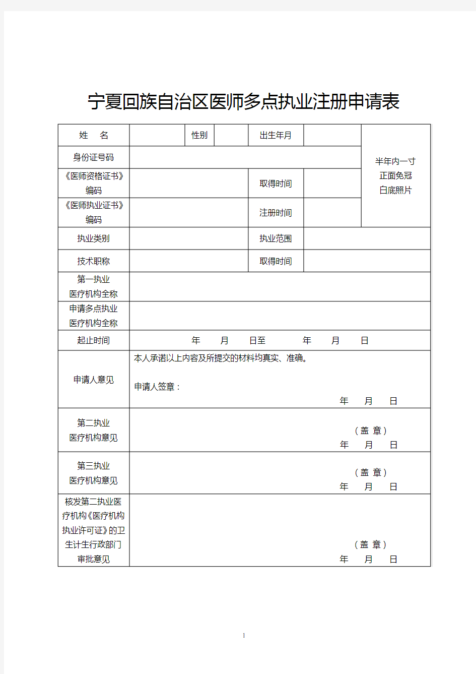 宁夏回族自治区医师多点执业备案申请表