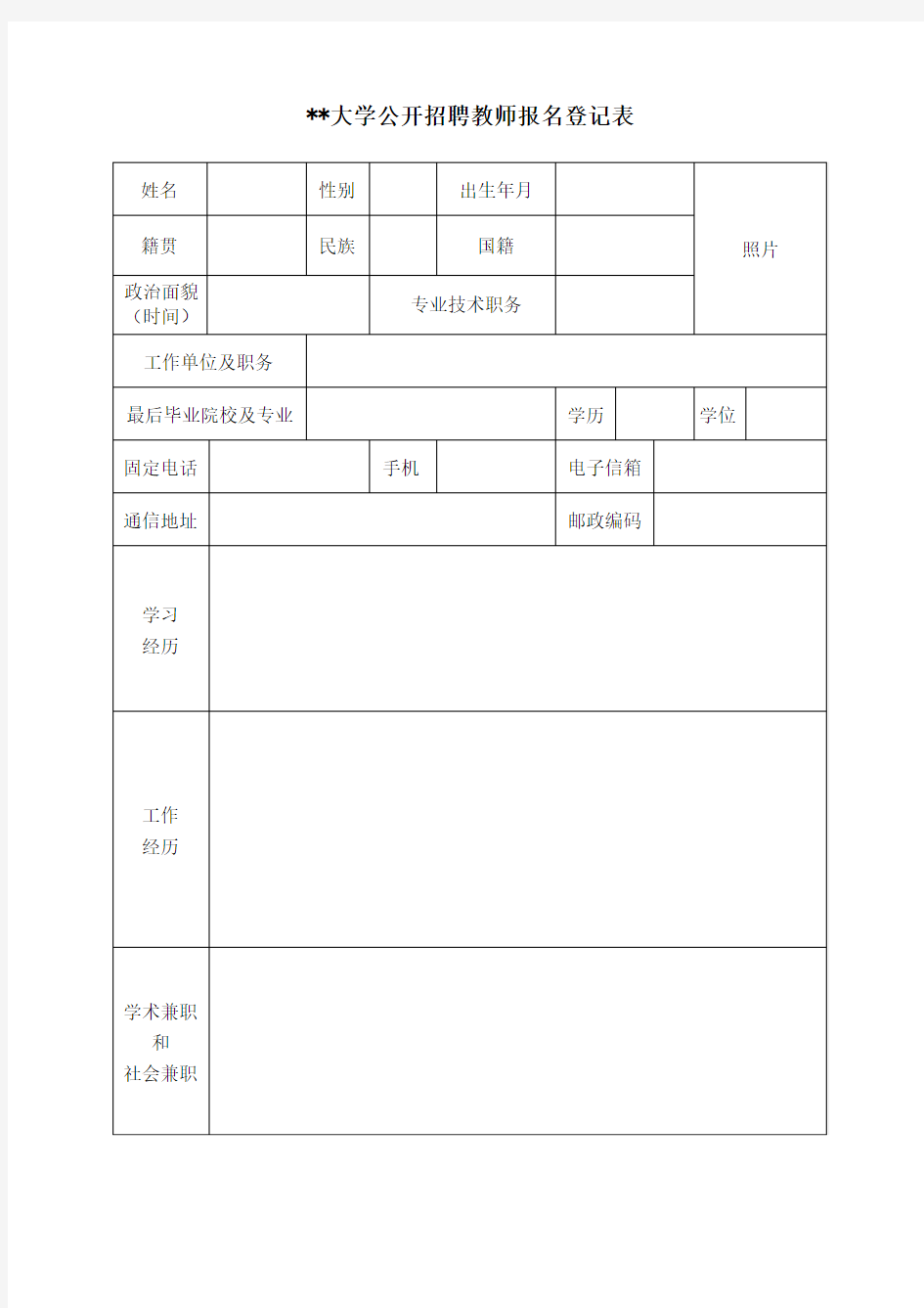 XX大学公开招聘教师报名登记表【模板】