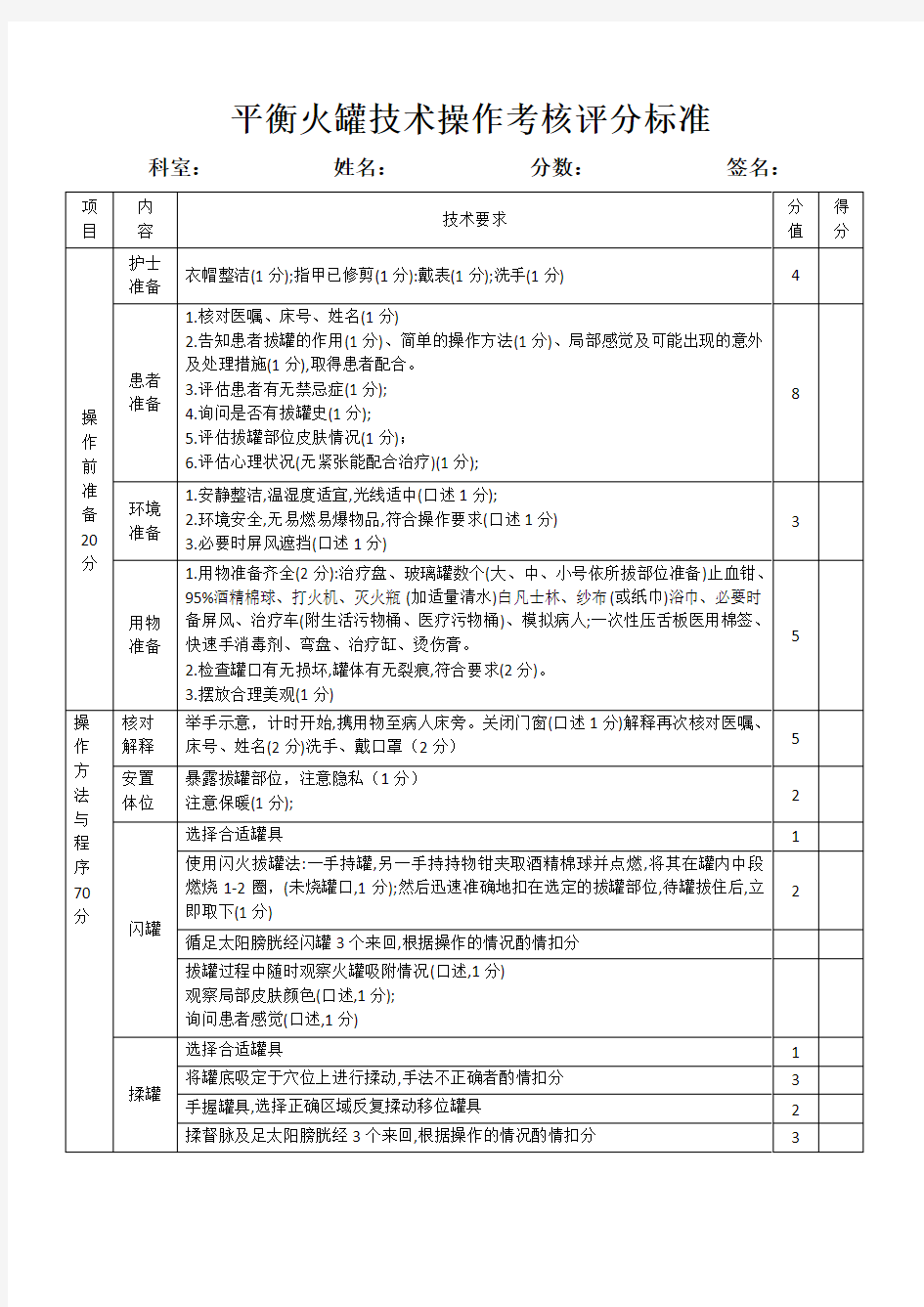 平衡火罐技术操作考核评分标准