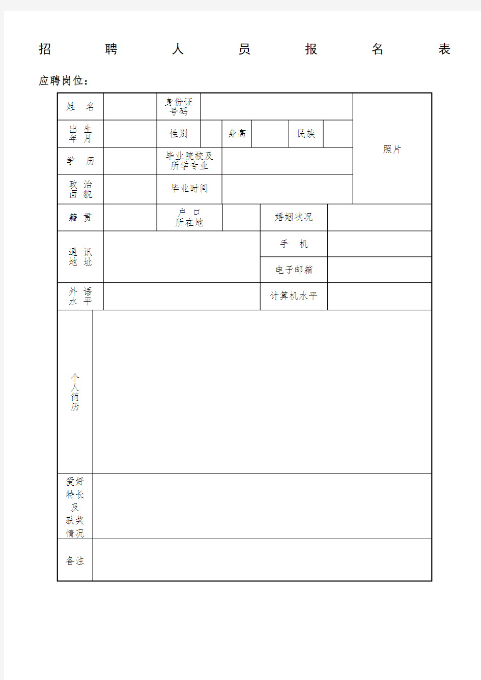 招聘人员报名表