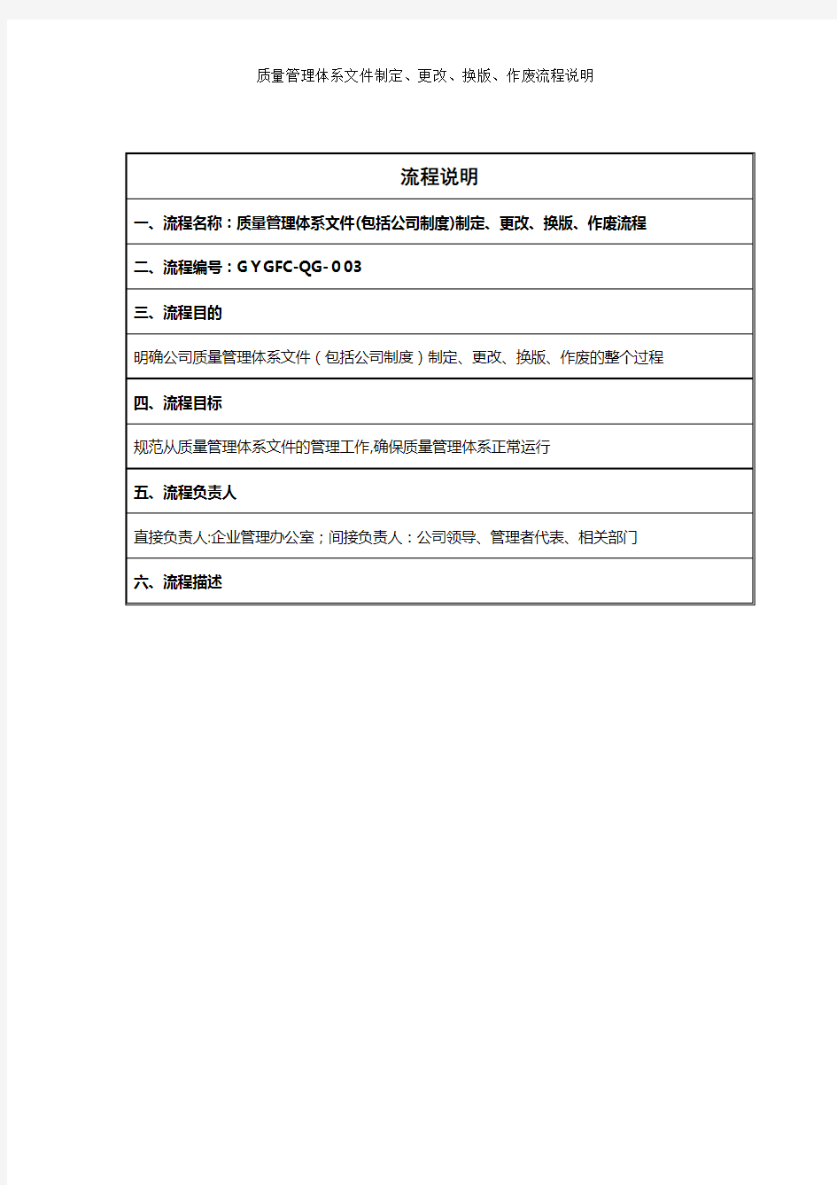 质量管理体系文件制定、更改、换版、作废流程说明