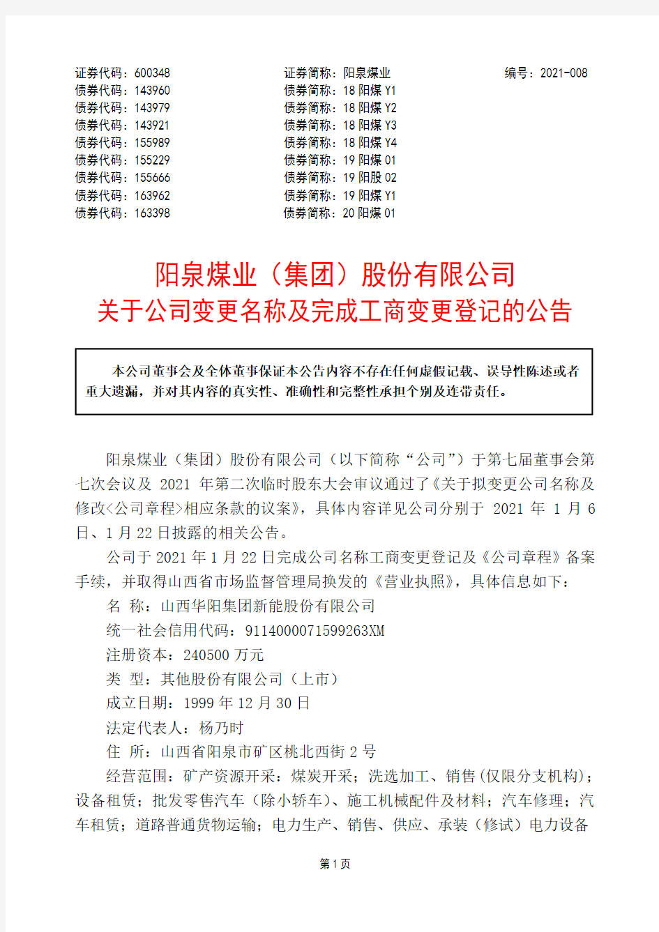 600348阳泉煤业(集团)股份有限公司关于公司变更名称及完成工商变更2021-01-23