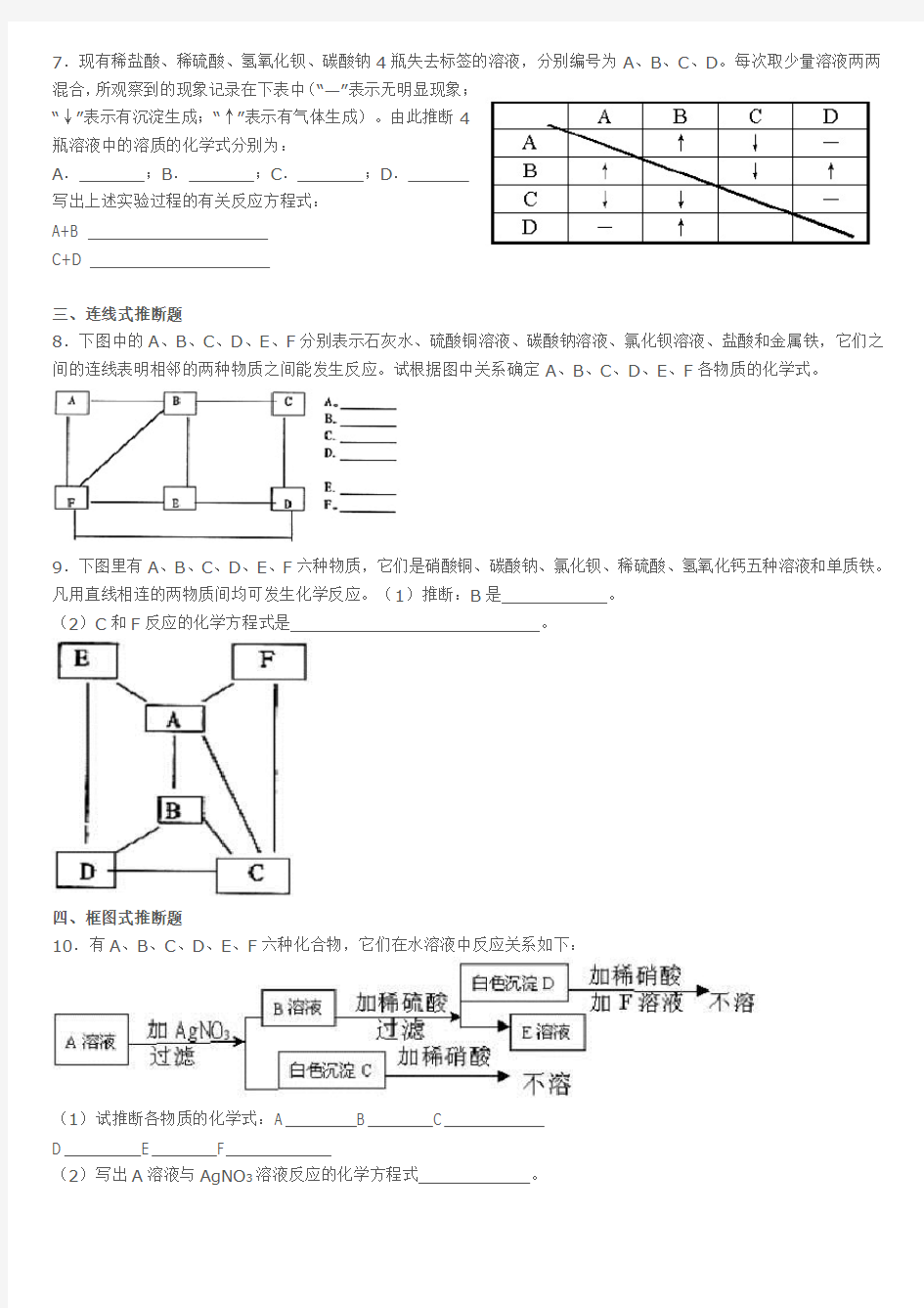 初三化学物质推断题专题训练 