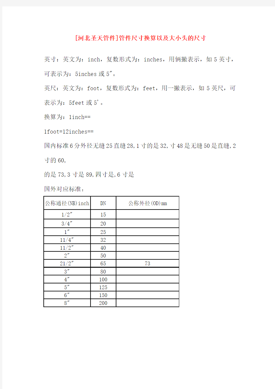 管件尺寸换算以及大小头的口径