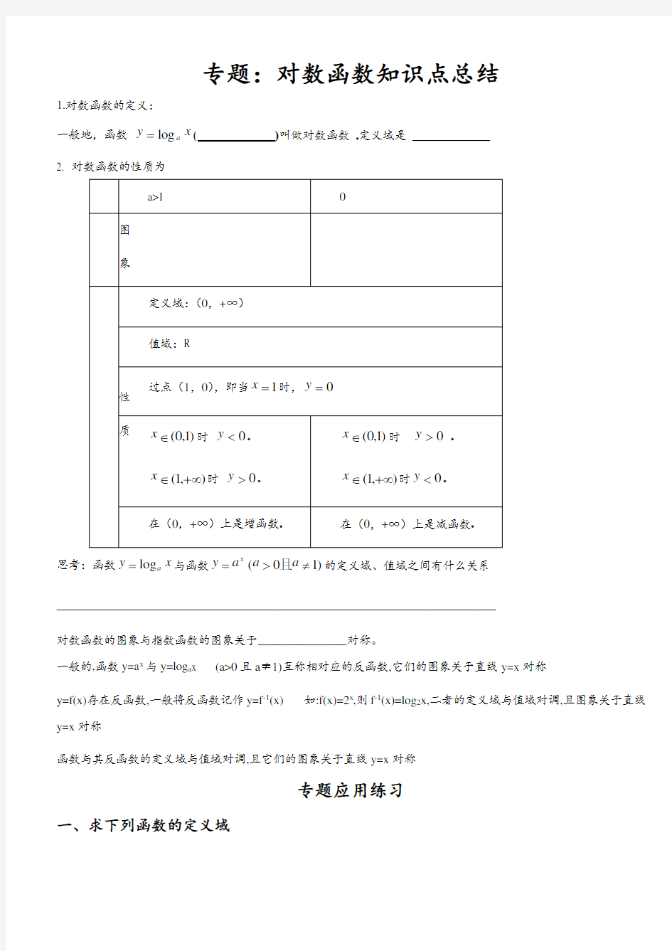 专题：对数函数知识点总结及类型题归纳