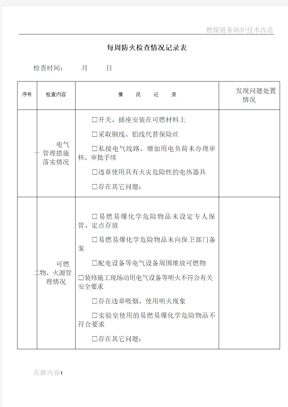 每周、每月防火检查记录表