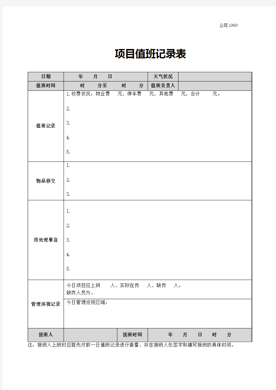 物业项目管理人员值班记录表