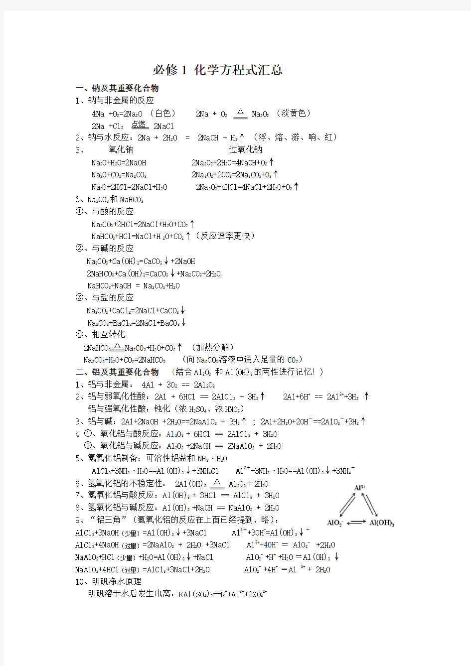 人教版高一化学必修化学方程式汇总