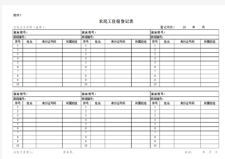 农民工住宿登记表