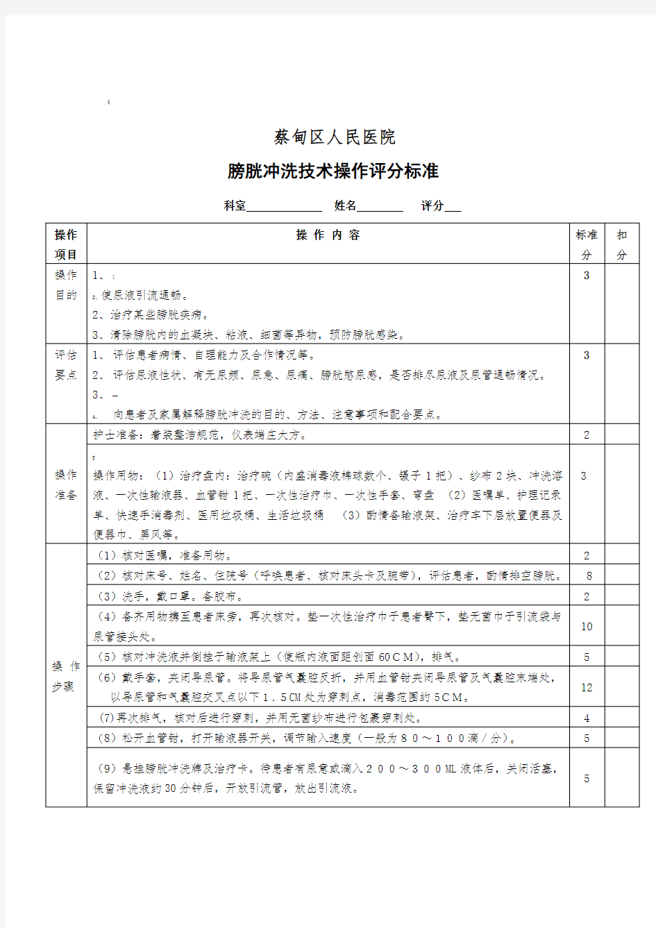 膀胱冲洗技术操作评分标准