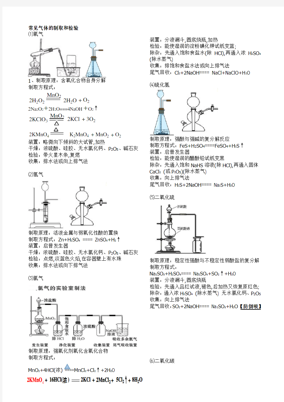 高中化学常见气体制取装置图和方程式