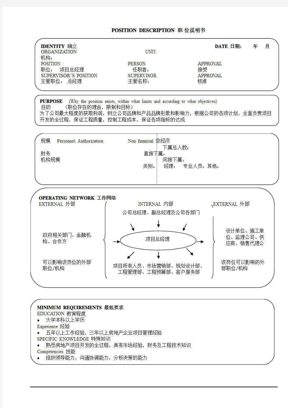 实业股份有限公司高层职位说明书-项目总经理