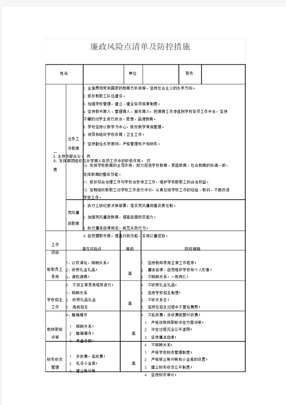 高中学校廉政风险点清单及防控措施