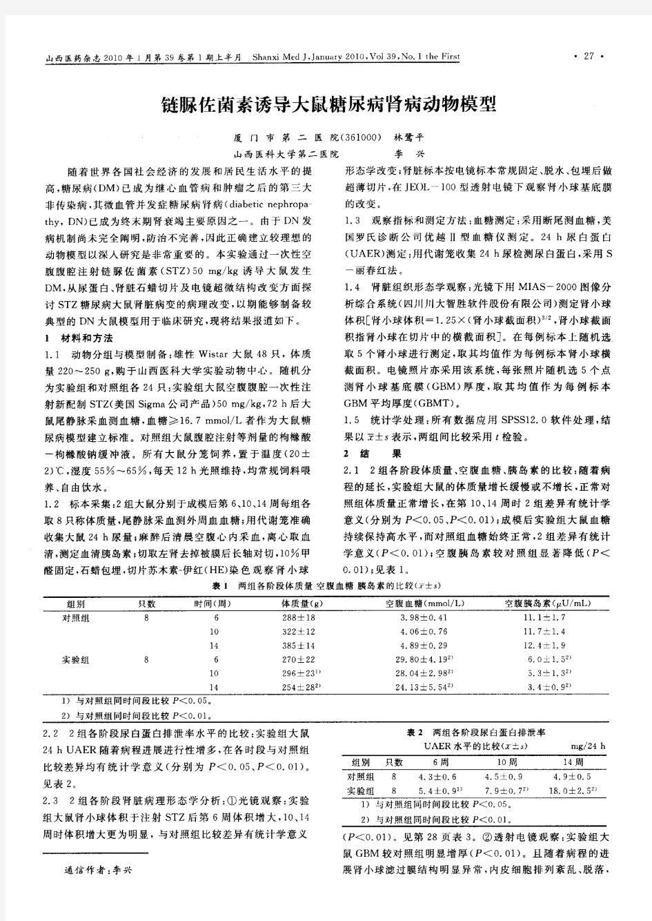 链脲佐菌素诱导大鼠糖尿病肾病动物模型