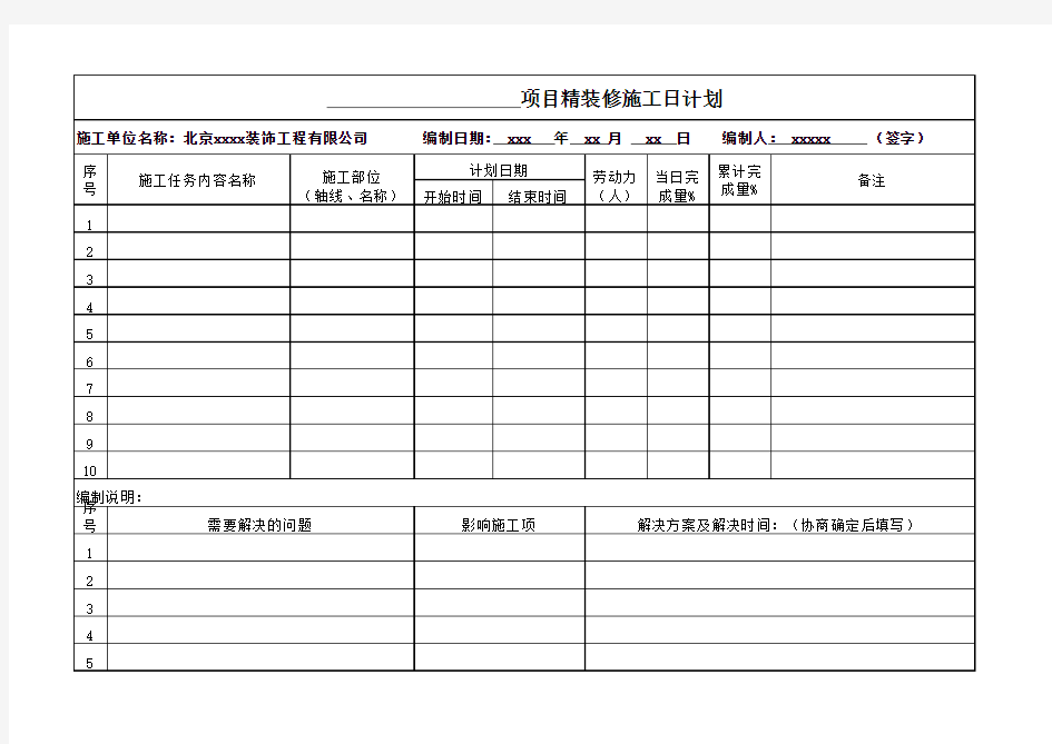 项目施工日计划表格(空白)